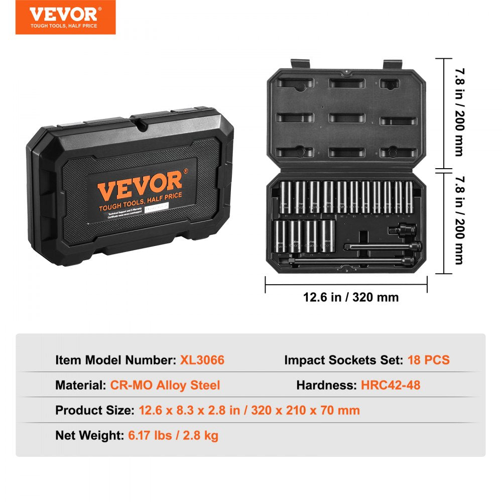 VEVOR Drive Impact Socket Set 3/8"  - 18 Piece Deep Socket Set Metric 8-22mm - 6 Point CR-V Alloy Steel for Auto Repair - Easy-to-Read Size Markings - Rugged Construction Includes Storage Case