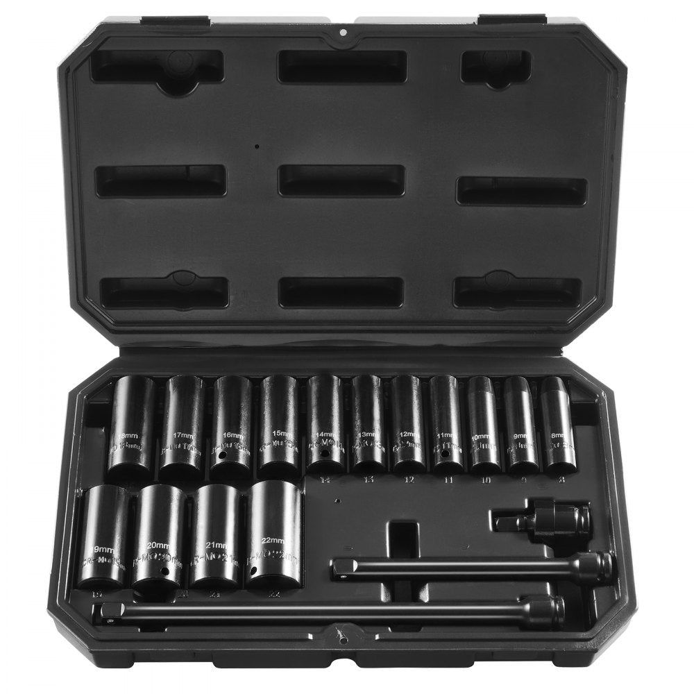 VEVOR Drive Impact Socket Set 3/8"  - 18 Piece Deep Socket Set Metric 8-22mm - 6 Point CR-V Alloy Steel for Auto Repair - Easy-to-Read Size Markings - Rugged Construction Includes Storage Case