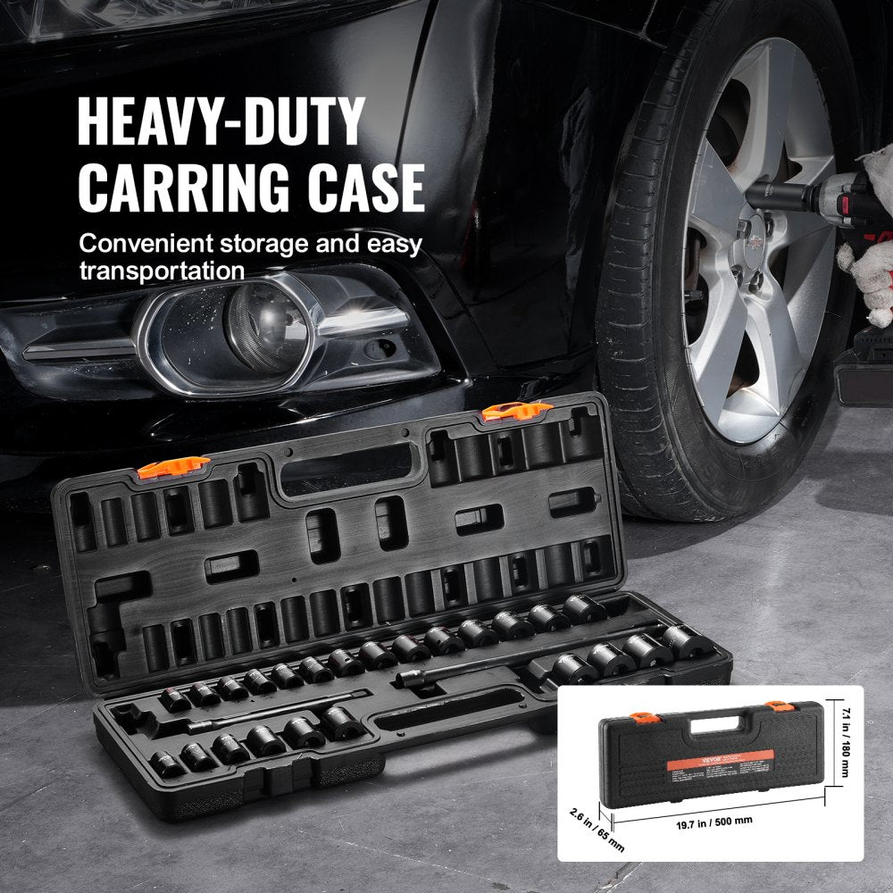 VEVOR 3/8" Drive Impact Socket Set, 29 Piece Shallow Socket Set SAE 3/8"-1" and Metric 8-22mm, 6 Point CR-V Alloy Steel for Auto Repair, Easy-to-Read Size Markings, Rugged Construction, Storage Case