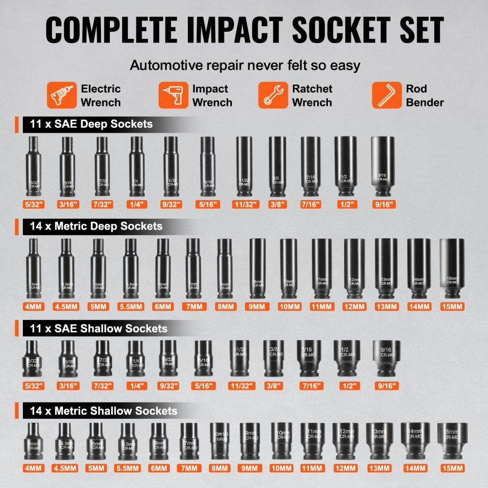 VEVOR Drive Impact Socket Set 1/4"  - 55 Piece Deep & Shallow Socket Set SAE 5/32"-9/16" and Metric 4-15mm - 6 Point CR-V Alloy Steel for Auto Repair - Easy-to-Read Size Markings - Storage Case