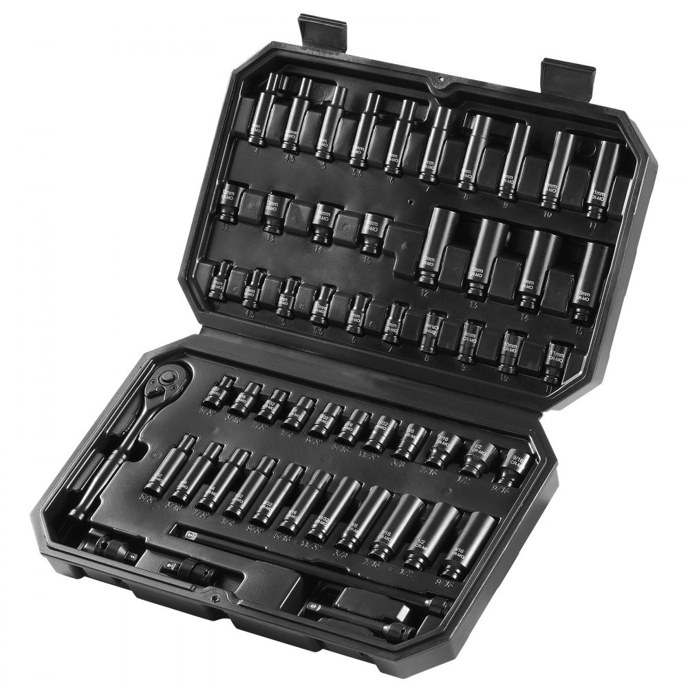 VEVOR Drive Impact Socket Set 1/4"  - 55 Piece Deep & Shallow Socket Set SAE 5/32"-9/16" and Metric 4-15mm - 6 Point CR-V Alloy Steel for Auto Repair - Easy-to-Read Size Markings - Storage Case