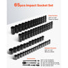VEVOR Drive Impact Socket Set 1/2" - 65PCS Deep & Standard Socket Set SAE 3/8" to 1-1/4" and Metric 10-24mm, 6 Point CR-V & Cr-Mo Alloy Steel for Auto Repair - Easy-to-Read Size Markings, Storage Case
