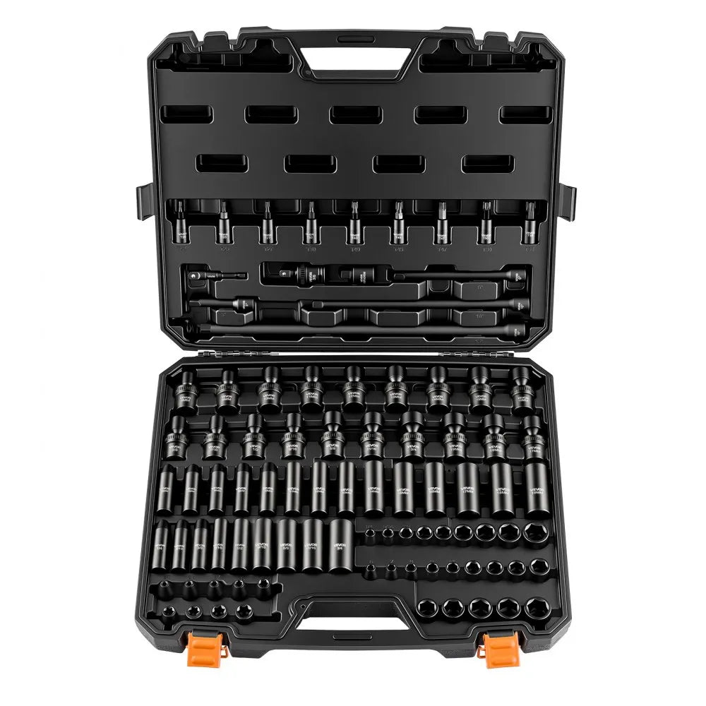VEVOR Impact Socket Set, 3/8" Drive, 90-Piece Socket Set, 6 Point Sockets, SAE 1/4"-3/4" and Metric 6-19 mm, Easy to Identify, with Adapters, Sturdy Storage Case, Cr-Mo Alloy Steel for Vehicles Repair