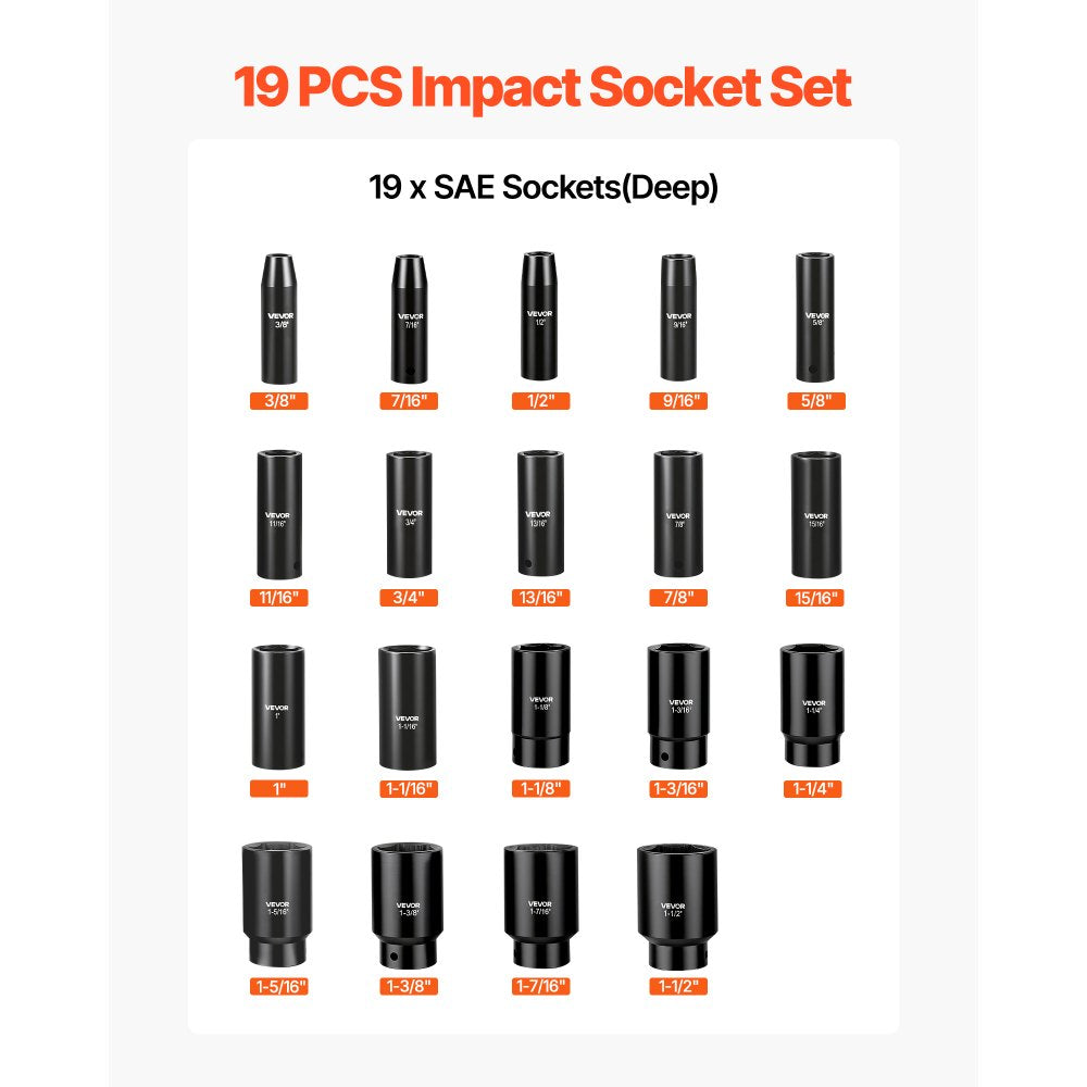 VEVOR Impact Socket Set, 1/2" 19 Piece Impact Sockets, Deep Socket, 6-Point Sockets, 1/2" Drive Set 3/8" to 1-1/2", Cr-V Rugged Construction, Easy to Identify, with a Sturdy Storage Case, for Vehicles