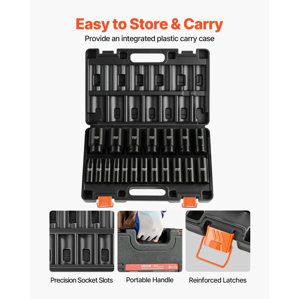 VEVOR Impact Socket Set, 1/2" 19 Piece Impact Sockets, Deep Socket, 6-Point Sockets, 1/2" Drive Set 3/8" to 1-1/2", Cr-V Rugged Construction, Easy to Identify, with a Sturdy Storage Case, for Vehicles