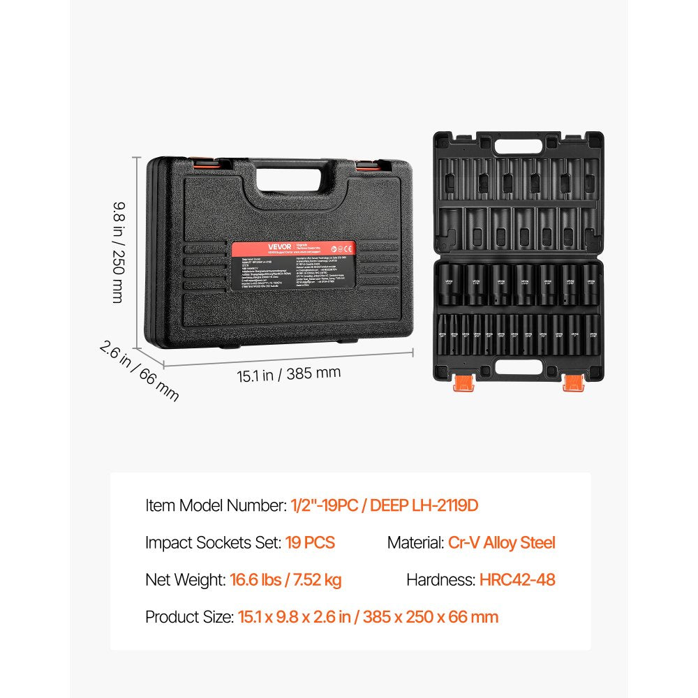 VEVOR Impact Socket Set, 1/2" 19 Piece Impact Sockets, Deep Socket, 6-Point Sockets, 1/2" Drive Set 3/8" to 1-1/2", Cr-V Rugged Construction, Easy to Identify, with a Sturdy Storage Case, for Vehicles