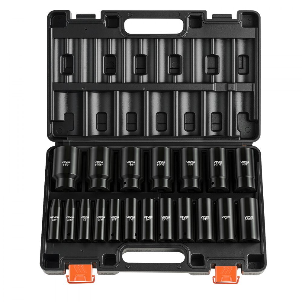 VEVOR Impact Socket Set, 1/2" 19 Piece Impact Sockets, Deep Socket, 6-Point Sockets, 1/2" Drive Set 3/8" to 1-1/2", Cr-V Rugged Construction, Easy to Identify, with a Sturdy Storage Case, for Vehicles