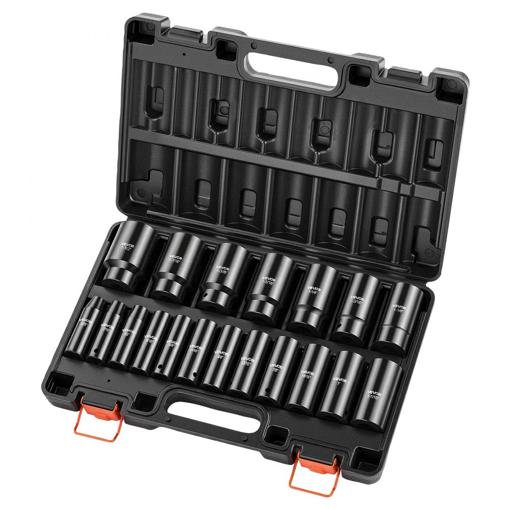 VEVOR Impact Socket Set, 1/2" 19 Piece Impact Sockets, Deep Socket, 6-Point Sockets, 1/2" Drive Set 3/8" to 1-1/2", Cr-V Rugged Construction, Easy to Identify, with a Sturdy Storage Case, for Vehicles