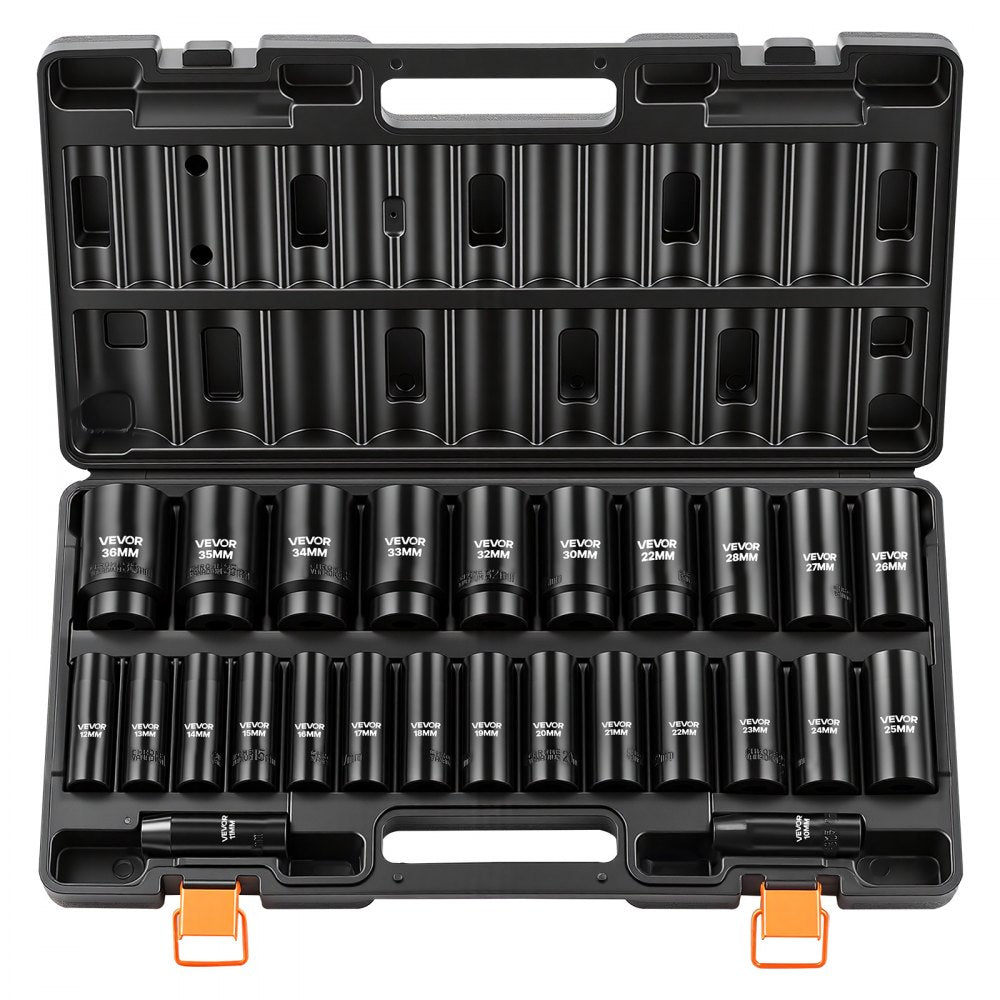 VEVOR Impact Socket Set, 1/2" Drive, 26-Piece Impact Sockets, 6-Point Sockets, Metric 10-30 mm, 32-36 mm, Easy to Identify, with a Sturdy Storage Case, Cr-V Alloy Steel Structure, for Vehicles Repair