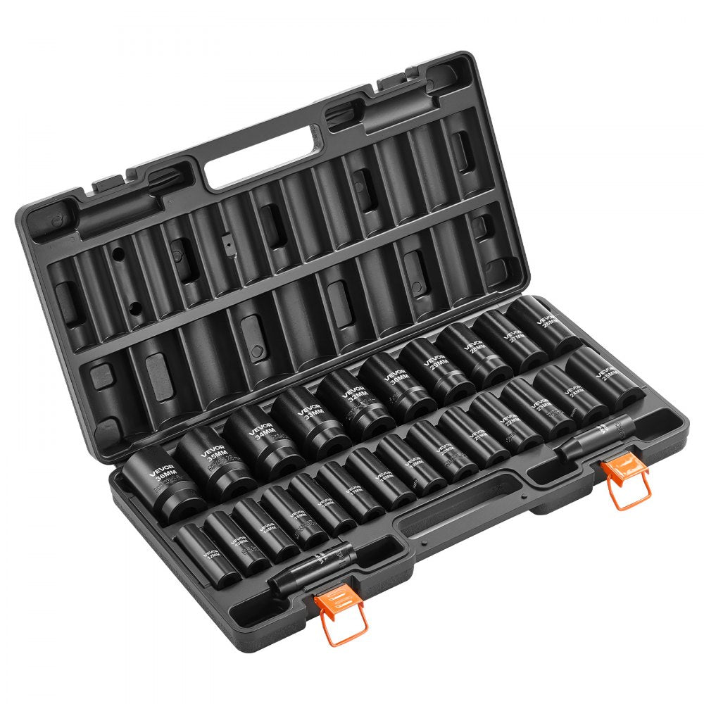 VEVOR Impact Socket Set, 1/2" Drive, 26-Piece Impact Sockets, 6-Point Sockets, Metric 10-30 mm, 32-36 mm, Easy to Identify, with a Sturdy Storage Case, Cr-V Alloy Steel Structure, for Vehicles Repair