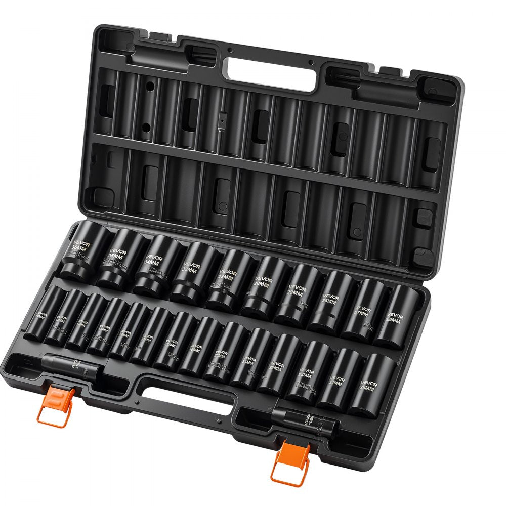 VEVOR Impact Socket Set, 1/2" Drive, 26-Piece Impact Sockets, 6-Point Sockets, Metric 10-30 mm, 32-36 mm, Easy to Identify, with a Sturdy Storage Case, Cr-V Alloy Steel Structure, for Vehicles Repair