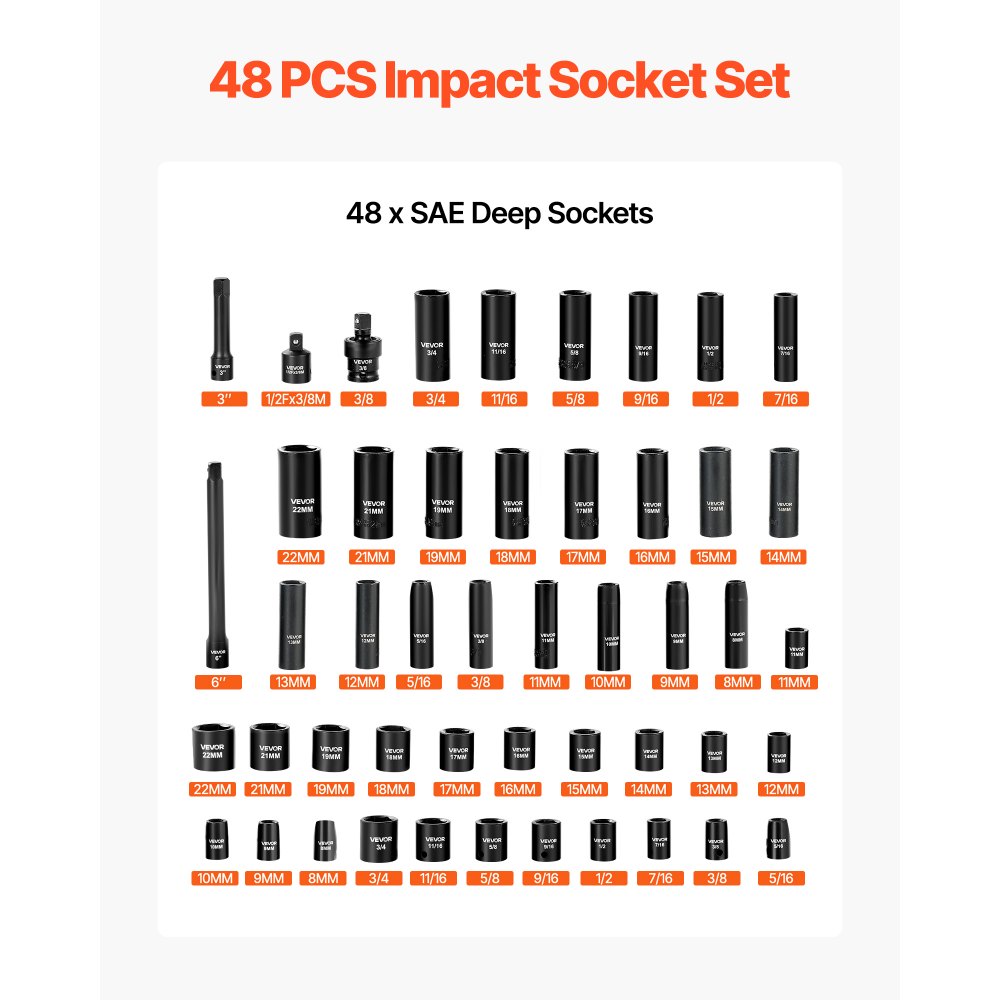 VEVOR Impact Socket Set, 3/8" Drive, 48-Piece Socket Set, 6-Point Sockets, SAE 5/16"-3/4" and Metric 8-19 mm, 21-22 mm, Easy to Identify, Cr-V Alloy Steel, Extension Bar, Adapter and Storage Cage