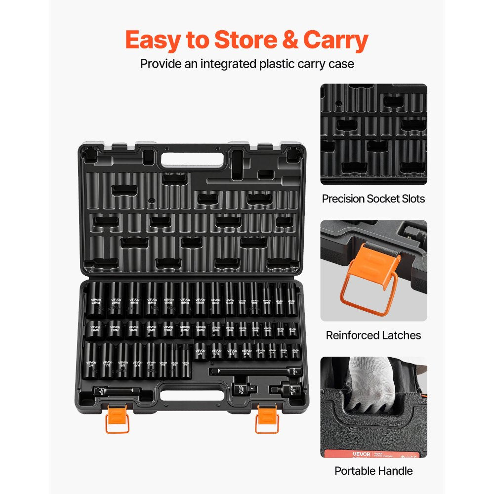VEVOR Impact Socket Set, 3/8" Drive, 48-Piece Socket Set, 6-Point Sockets, SAE 5/16"-3/4" and Metric 8-19 mm, 21-22 mm, Easy to Identify, Cr-V Alloy Steel, Extension Bar, Adapter and Storage Cage
