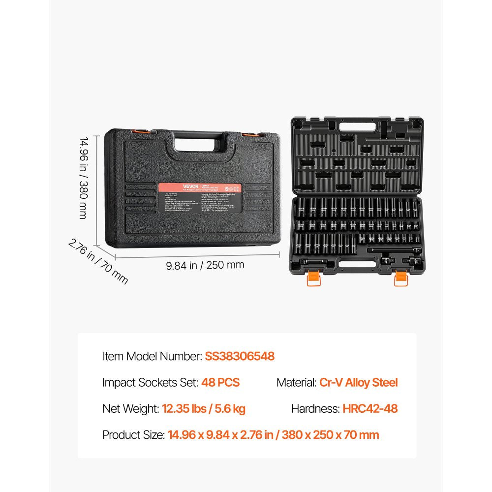 VEVOR Impact Socket Set, 3/8" Drive, 48-Piece Socket Set, 6-Point Sockets, SAE 5/16"-3/4" and Metric 8-19 mm, 21-22 mm, Easy to Identify, Cr-V Alloy Steel, Extension Bar, Adapter and Storage Cage