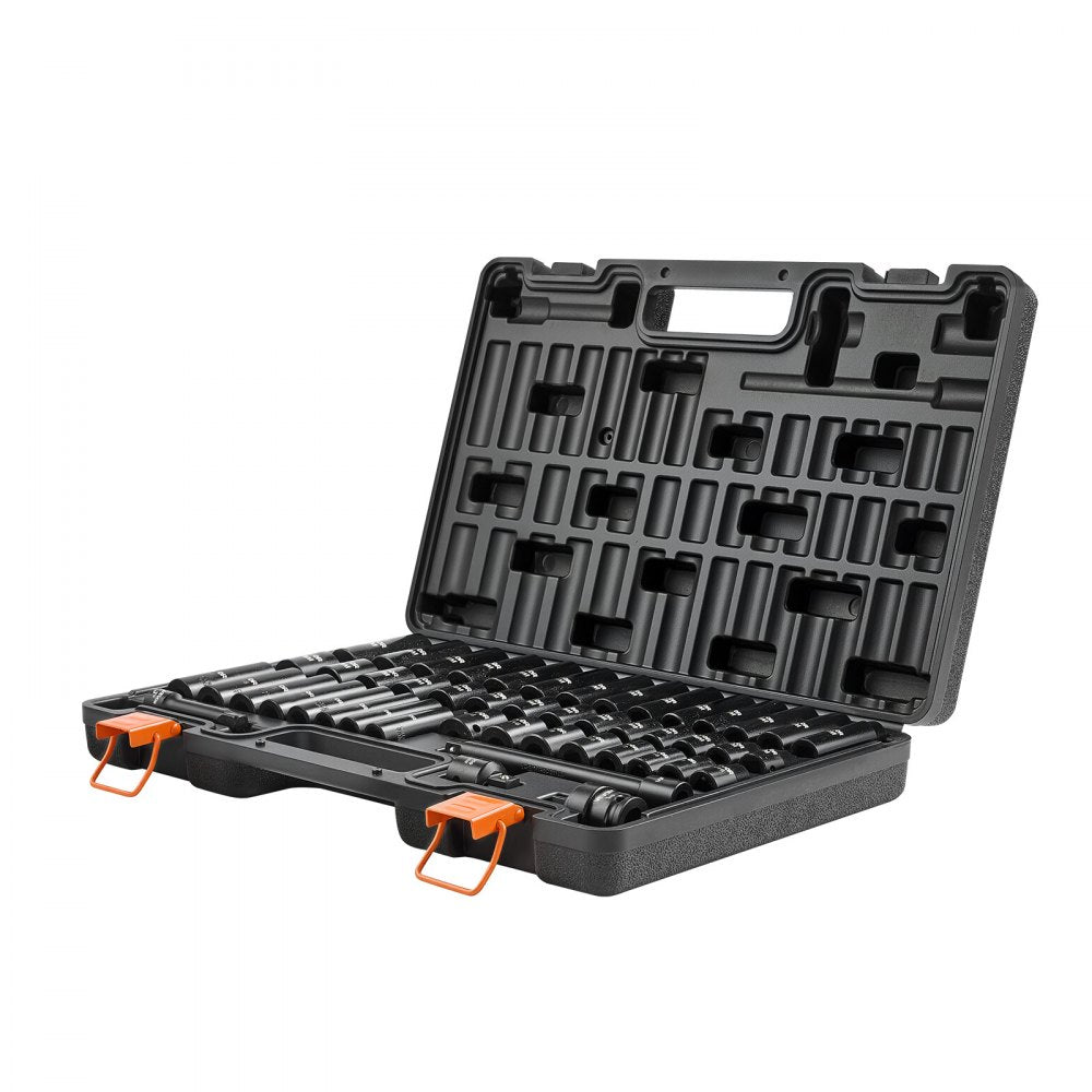 VEVOR Impact Socket Set, 3/8" Drive, 48-Piece Socket Set, 6-Point Sockets, SAE 5/16"-3/4" and Metric 8-19 mm, 21-22 mm, Easy to Identify, Cr-V Alloy Steel, Extension Bar, Adapter and Storage Cage