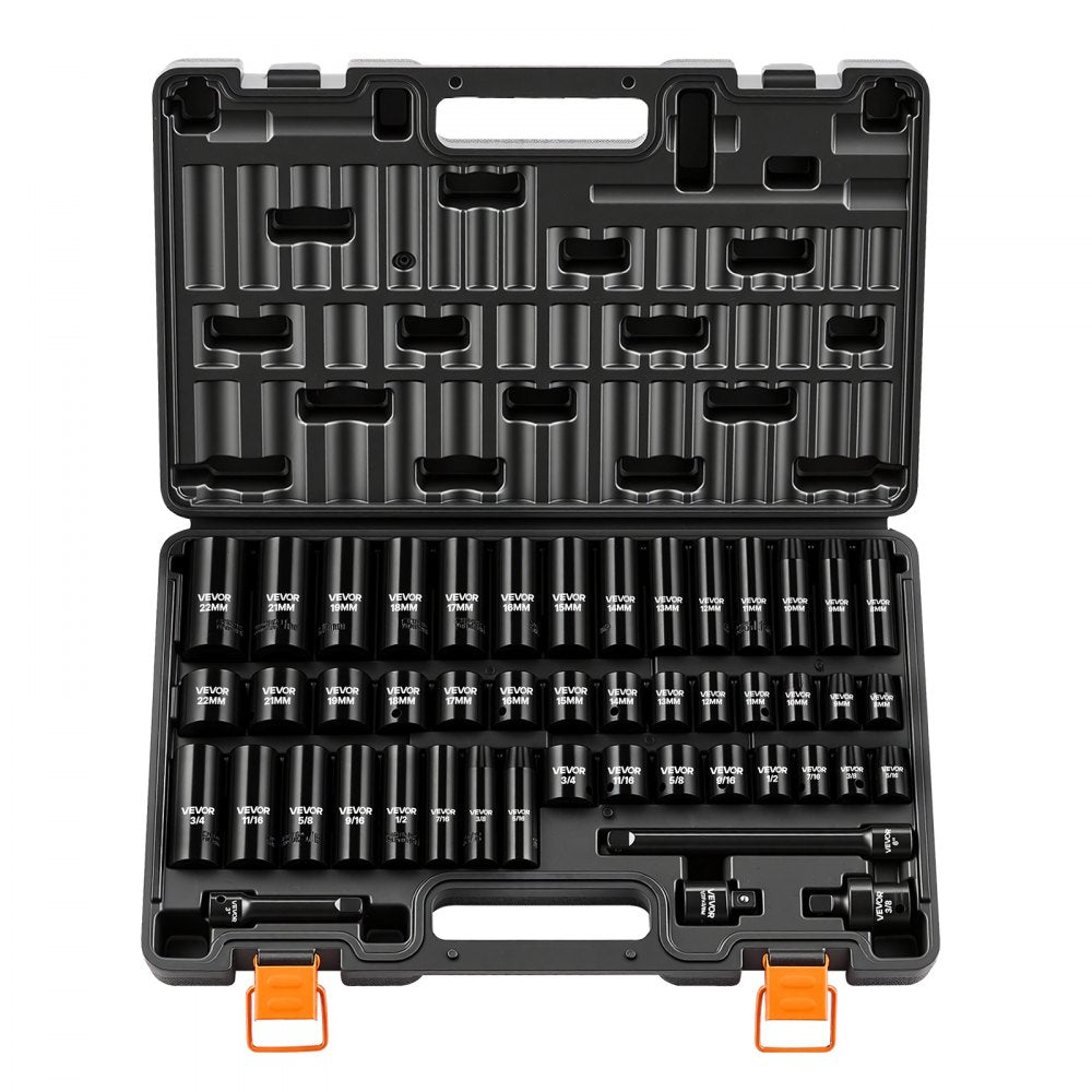 VEVOR Impact Socket Set, 3/8" Drive, 48-Piece Socket Set, 6-Point Sockets, SAE 5/16"-3/4" and Metric 8-19 mm, 21-22 mm, Easy to Identify, Cr-V Alloy Steel, Extension Bar, Adapter and Storage Cage