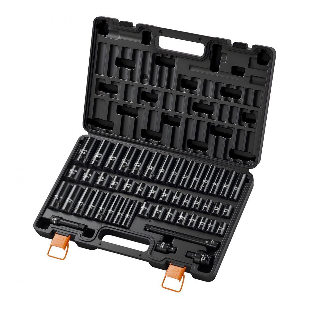 VEVOR Impact Socket Set, 3/8" Drive, 48-Piece Socket Set, 6-Point Sockets, SAE 5/16"-3/4" and Metric 8-19 mm, 21-22 mm, Easy to Identify, Cr-V Alloy Steel, Extension Bar, Adapter and Storage Cage