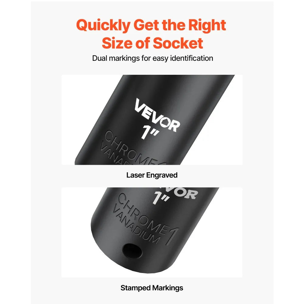 VEVOR Impact Socket Set, 1/2" Drive, 65-Piece Socket Set, 6 Point Sockets, SAE 3/8" to 1-1/4" and Metric 10-24 mm, Easy to Identify, with a Sturdy Storage Case, Cr-V Alloy Steel for Vehicles Repair