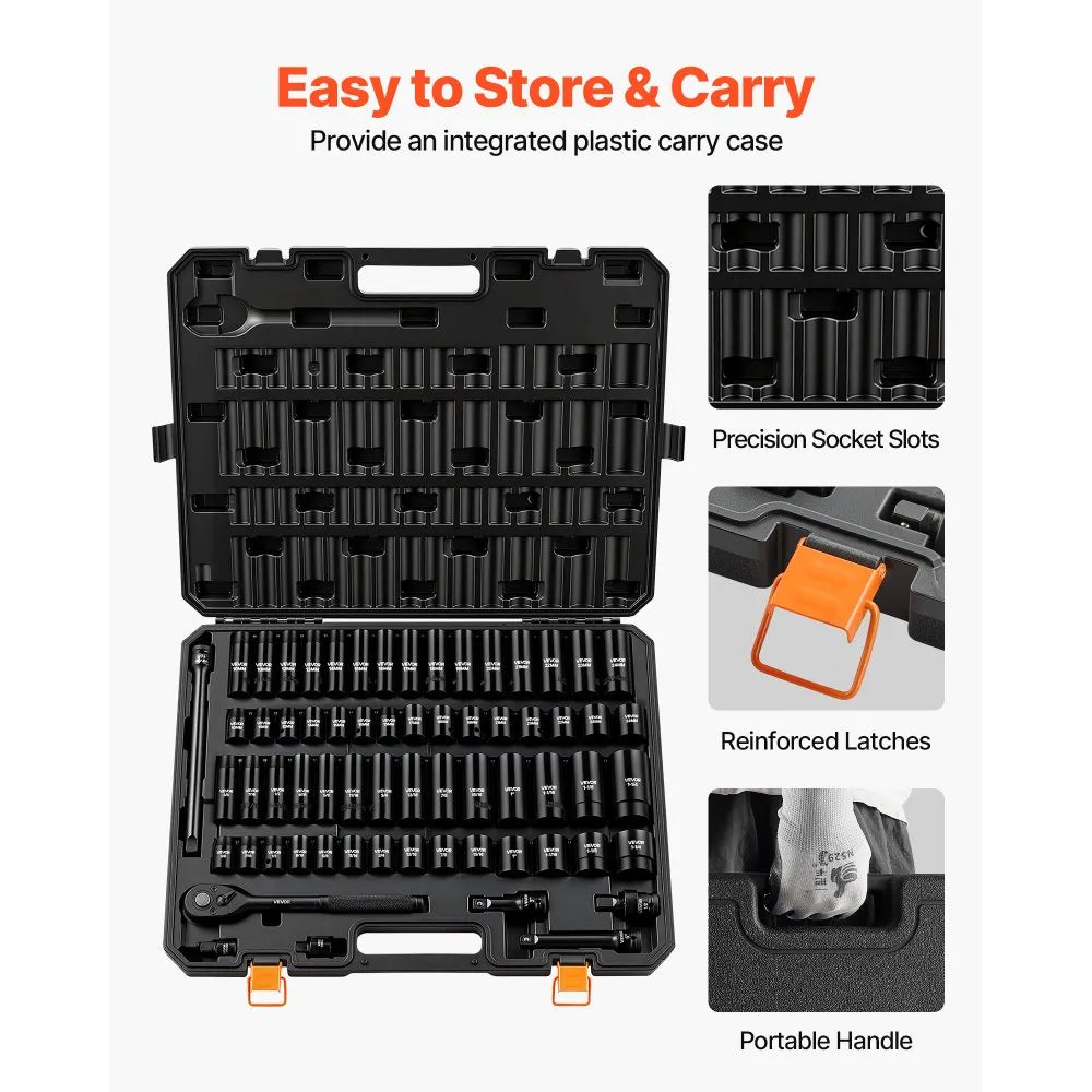 VEVOR Impact Socket Set, 1/2" Drive, 65-Piece Socket Set, 6 Point Sockets, SAE 3/8" to 1-1/4" and Metric 10-24 mm, Easy to Identify, with a Sturdy Storage Case, Cr-V Alloy Steel for Vehicles Repair