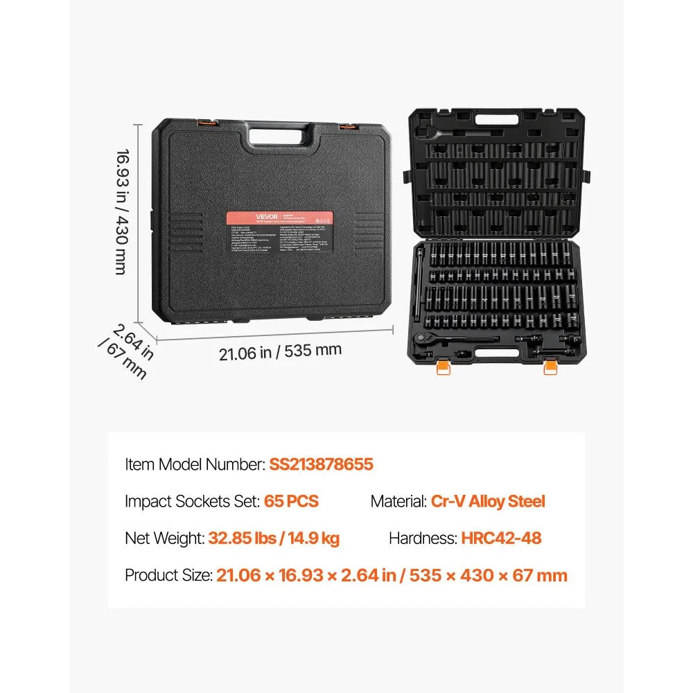 VEVOR Impact Socket Set, 1/2" Drive, 65-Piece Socket Set, 6 Point Sockets, SAE 3/8" to 1-1/4" and Metric 10-24 mm, Easy to Identify, with a Sturdy Storage Case, Cr-V Alloy Steel for Vehicles Repair