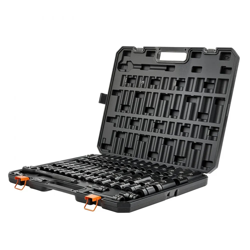 VEVOR Impact Socket Set, 1/2" Drive, 65-Piece Socket Set, 6 Point Sockets, SAE 3/8" to 1-1/4" and Metric 10-24 mm, Easy to Identify, with a Sturdy Storage Case, Cr-V Alloy Steel for Vehicles Repair