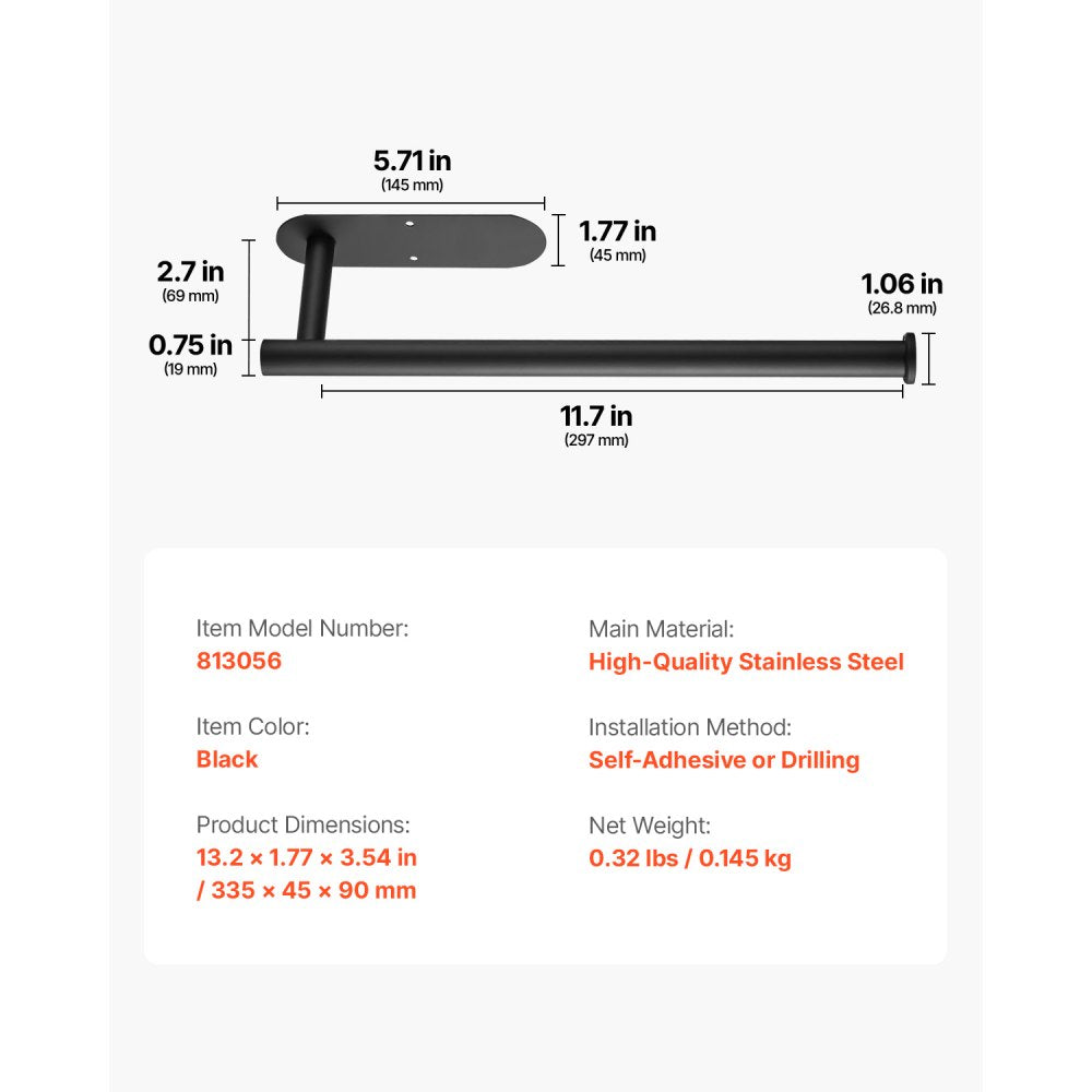 VEVOR Paper Towel Holder Under Cabinet, High-Quality Stainless Steel Paper Towel Holder, Self Adhesive or Drilling Paper Towel Holder Wall Mount for Kitchen, Bathroom, Pantry