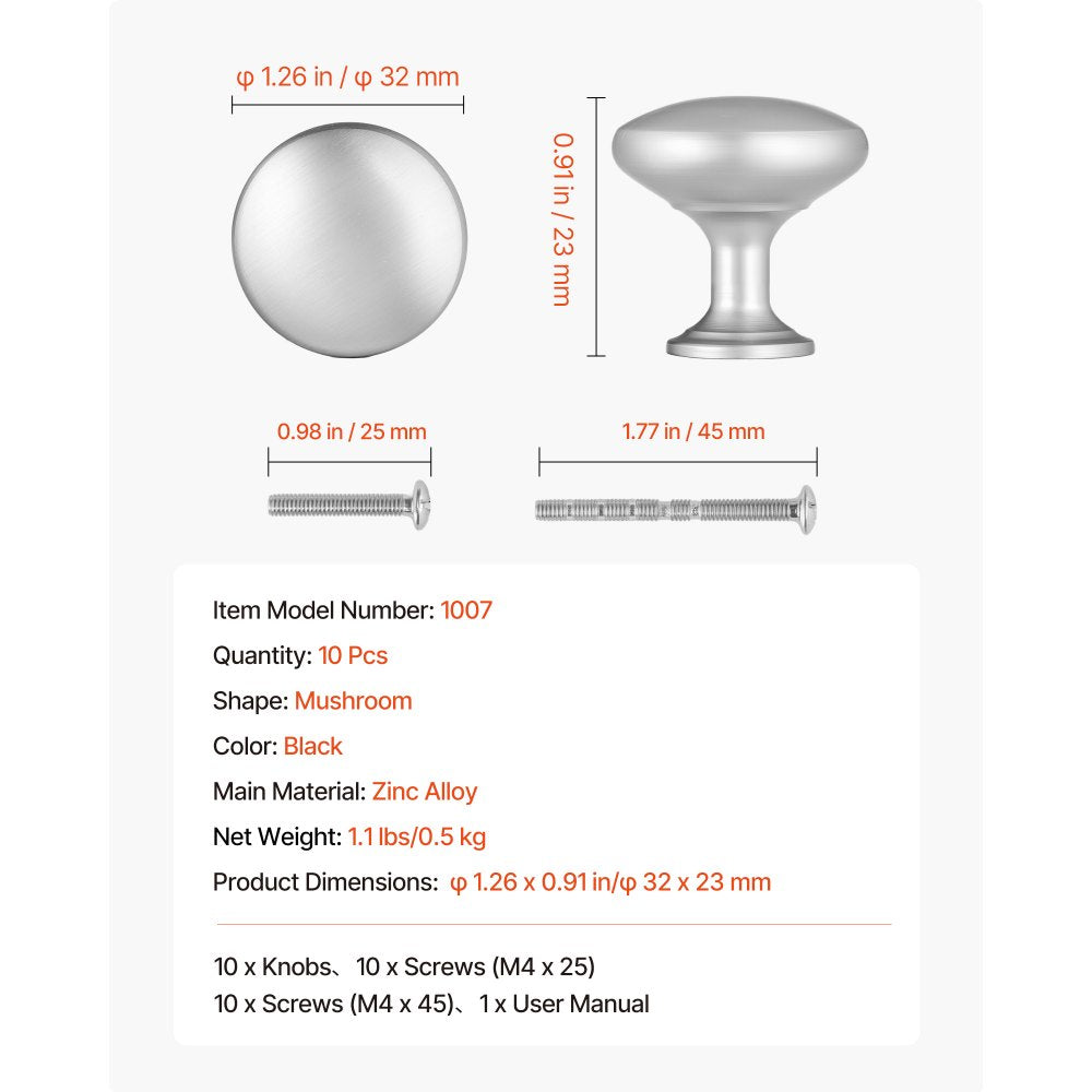 VEVOR Cabinet Knobs, 25 Pack, 1.1 Inch Zinc Alloy Drawer Pulls & Door Handles, Mushroom Kitchen Dresser Solid Knobs, Cupboard Hardware with Screws for Bathroom Closet Cabinets Drawers, Nickel Color
