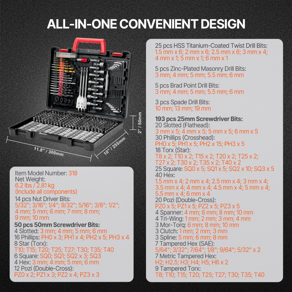 VEVOR Drill Bit Set, 318 Pieces Drill and Driver Bit Set, Screwdriver Bit Set Suitable for Wood Metal Cement Drilling and Screw Driving, Drill Bit Sets Combo Kit Assorted in Organized Carrying Case