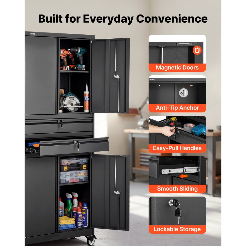 VEVOR Metal Storage Cabinet with Wheels, 180 lbs Shelf Load Capacity, 75" Tall Rolling Garage Tool Storage Cabinet with 4 Locking Doors and Adjustable Shelves, 2 Drawers, for Garage, Office, Home