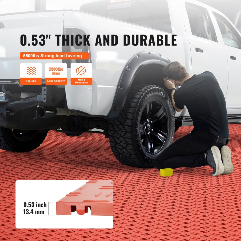 VEVOR Garage Tiles Interlocking, 12 x 12 x 0.53 inch 25 Pack Garage Floor Covering Tiles, Non-Slip Double-Sided Texture Garage Flooring Tiles, for Garages, Basements, Repair Shops, Red