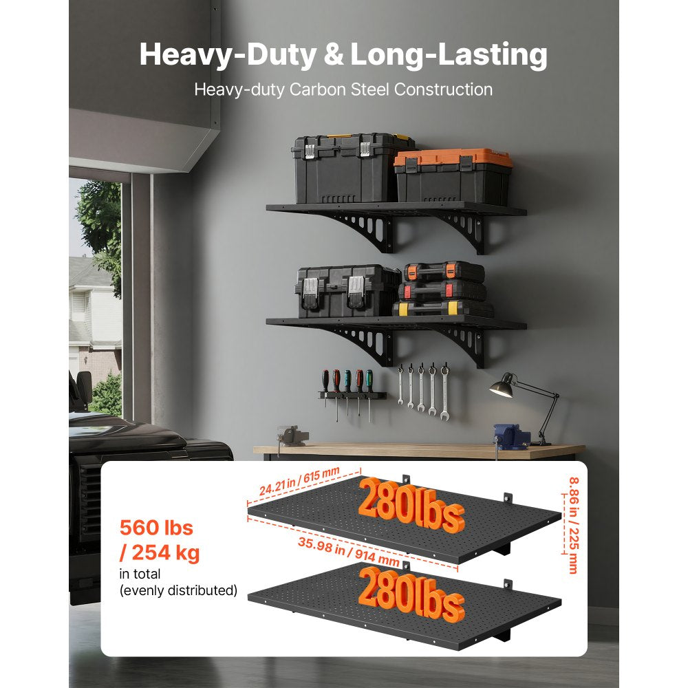 VEVOR 2-Tier Heavy Duty Wall Garage Shelving, 2 x 3 ft Steel Wall Mounted Shelving Unit, 12 x 72 Inch Per Shelf Floating Storage Metal Rack for Garage with 560 lbs Total Weight Capacity, Black