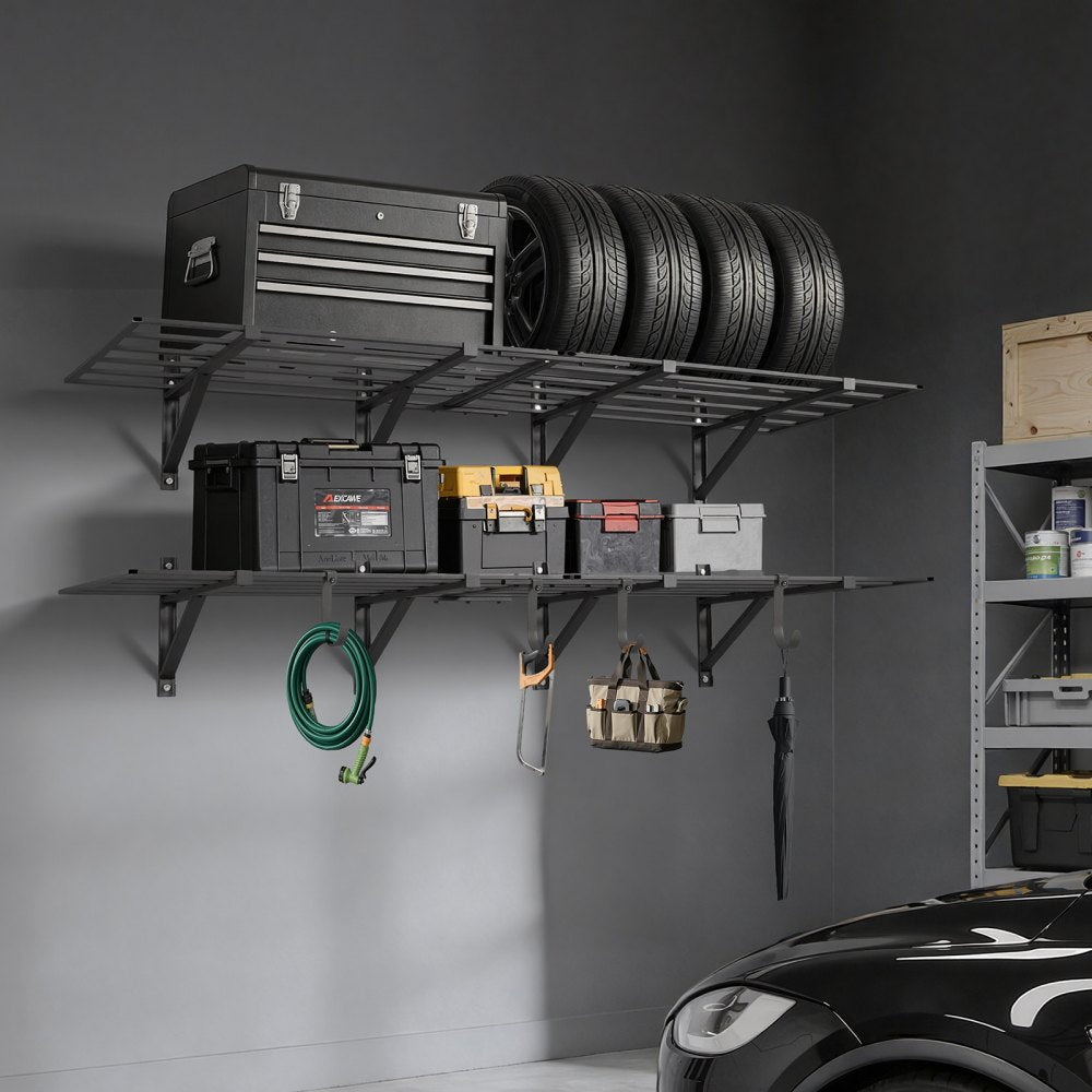 VEVOR 2-Tier Heavy Duty Wall Garage Shelving, 4 Pack 2 x 3 ft Steel Wall Mounted Shelving Unit, 24 x 72 Inch Per Shelf Floating Storage Metal Rack for Garage, 1600 lbs Total Weight Capacity, Black