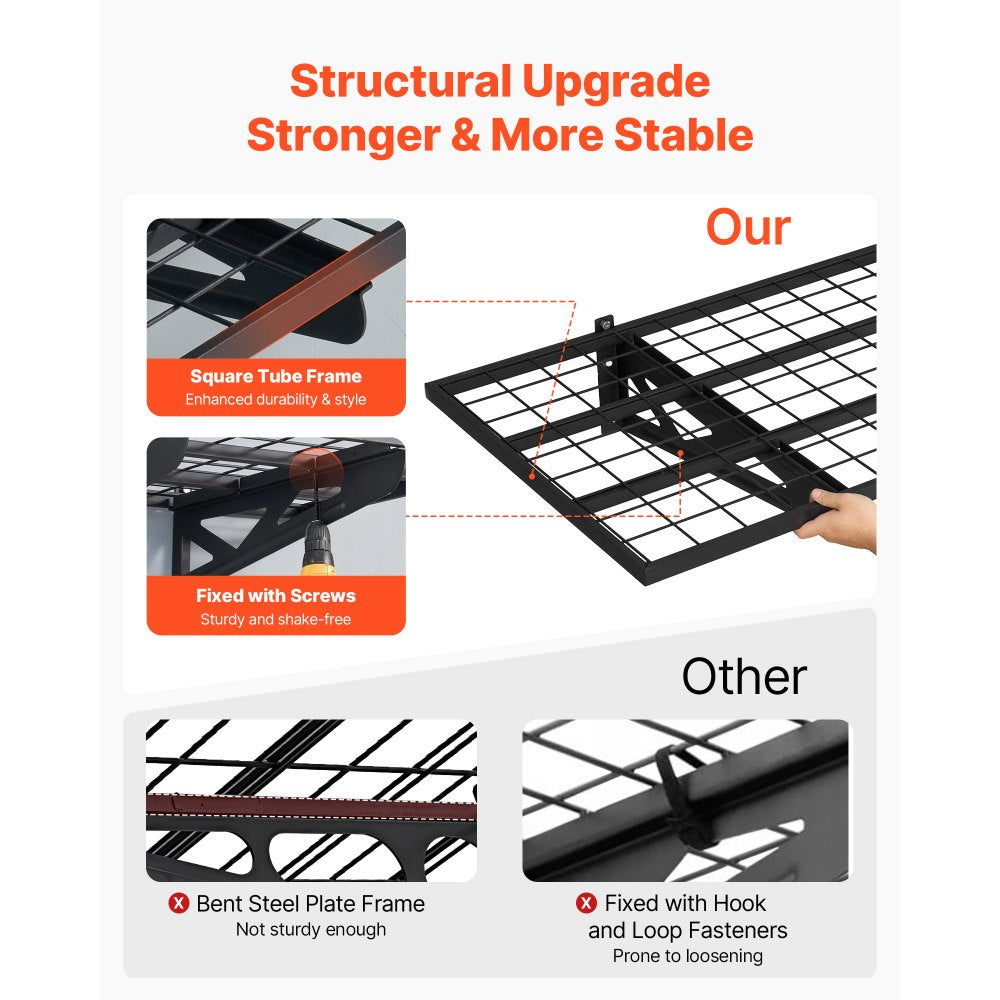 VEVOR 2-Tier Heavy Duty Wall Garage Shelving, 2 x 4 ft Steel Wall Mounted Shelving Unit with Hooks, 24 x 48 Inch Per Shelf Floating Storage Metal Rack for Garage, 500 lbs Total Weight Capacity, Black