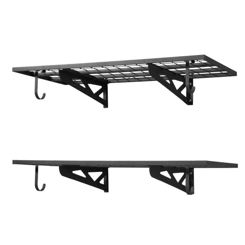 VEVOR 2-Tier Heavy Duty Wall Garage Shelving, 2 x 4 ft Steel Wall Mounted Shelving Unit with Hooks, 24 x 48 Inch Per Shelf Floating Storage Metal Rack for Garage, 500 lbs Total Weight Capacity, Black