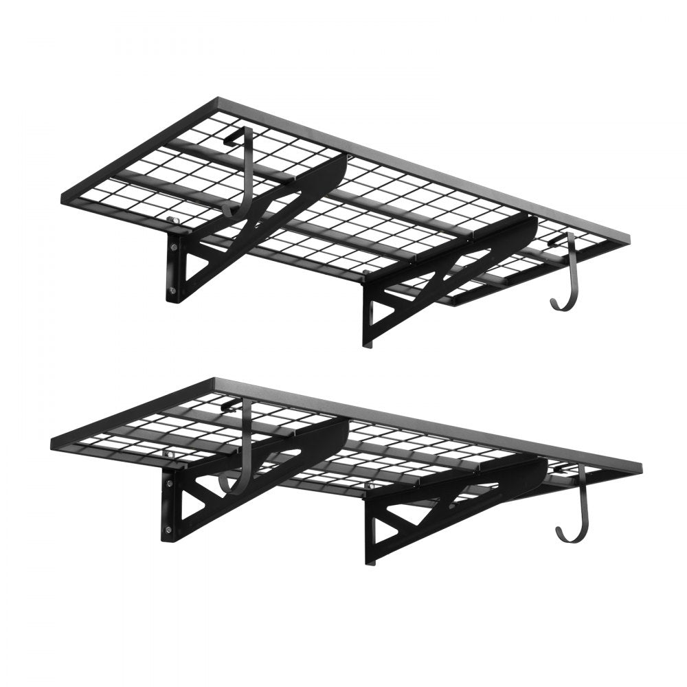 VEVOR 2-Tier Heavy Duty Wall Garage Shelving, 2 x 4 ft Steel Wall Mounted Shelving Unit with Hooks, 24 x 48 Inch Per Shelf Floating Storage Metal Rack for Garage, 500 lbs Total Weight Capacity, Black
