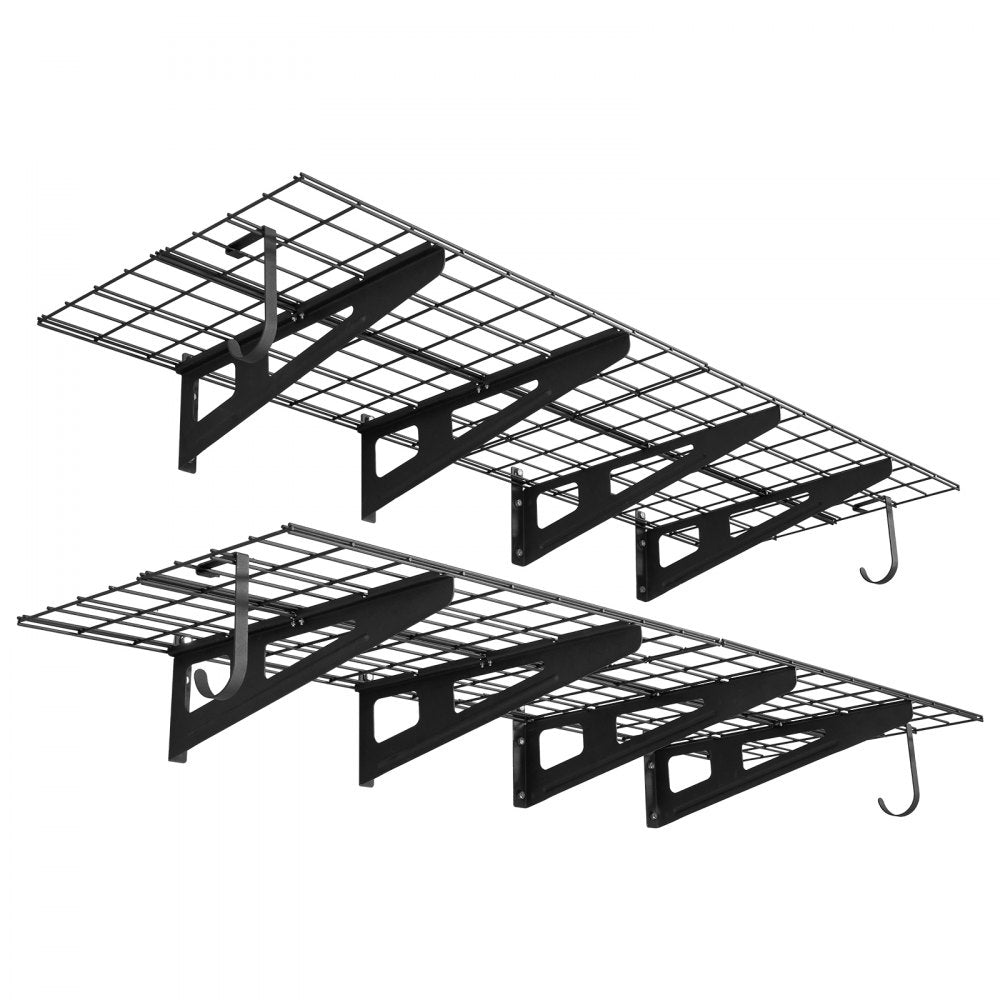 VEVOR 2-Tier Heavy Duty Wall Garage Shelving, 8 Pack 1 x 3 ft Steel Wall Mounted Shelving Unit with Hooks, 24 x 72 Inch Per Shelf Floating Storage Metal Rack, 1000 lbs Total Weight Capacity, Black
