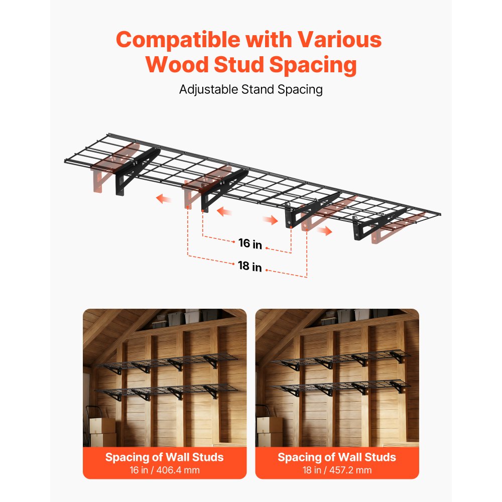 VEVOR 2-Tier Heavy Duty Wall Garage Shelving, 4 Pack 1 x 3 ft Steel Wall Mounted Shelving Unit, 12 x 72 Inch Per Shelf Floating Storage Metal Rack for Garage with 600 lbs Total Weight Capacity, Black