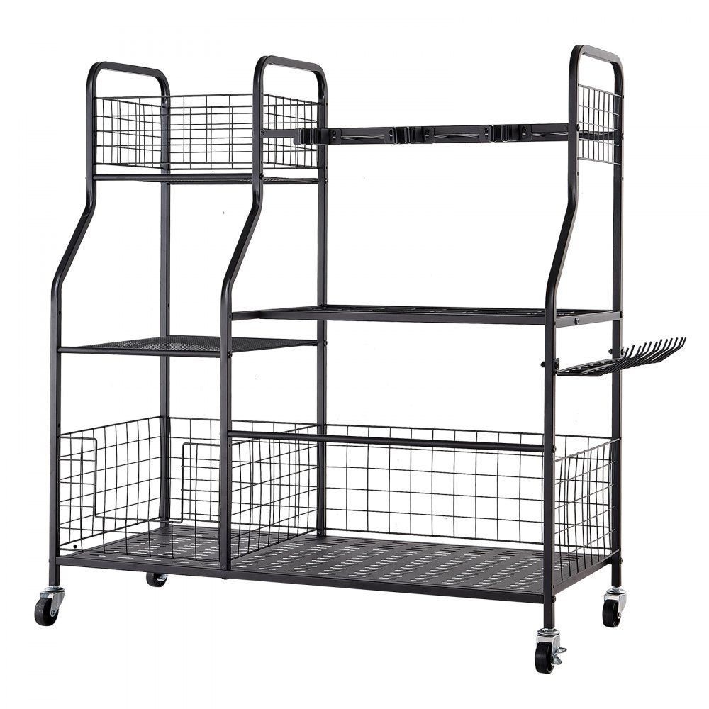 VEVOR Garden Tool Organizer with Wheels, Large Metal Garage Storage Rack, for Rakes/Shovels/Brooms, Yard Utility Tool Holder for Shed/Outdoor/Lawn Organization, Heavy-Duty Steel, with Hooks, Black