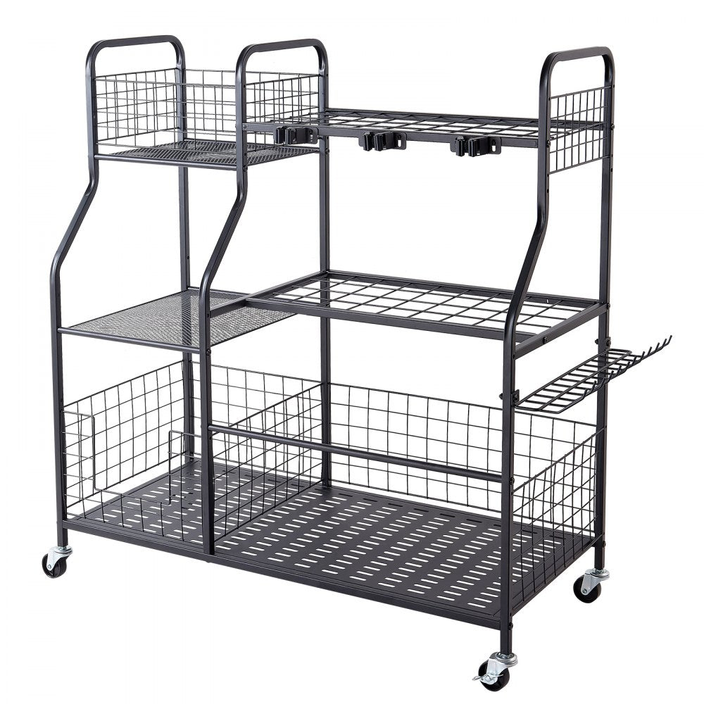 VEVOR Garden Tool Organizer with Wheels, Large Metal Garage Storage Rack, for Rakes/Shovels/Brooms, Yard Utility Tool Holder for Shed/Outdoor/Lawn Organization, Heavy-Duty Steel, with Hooks, Black