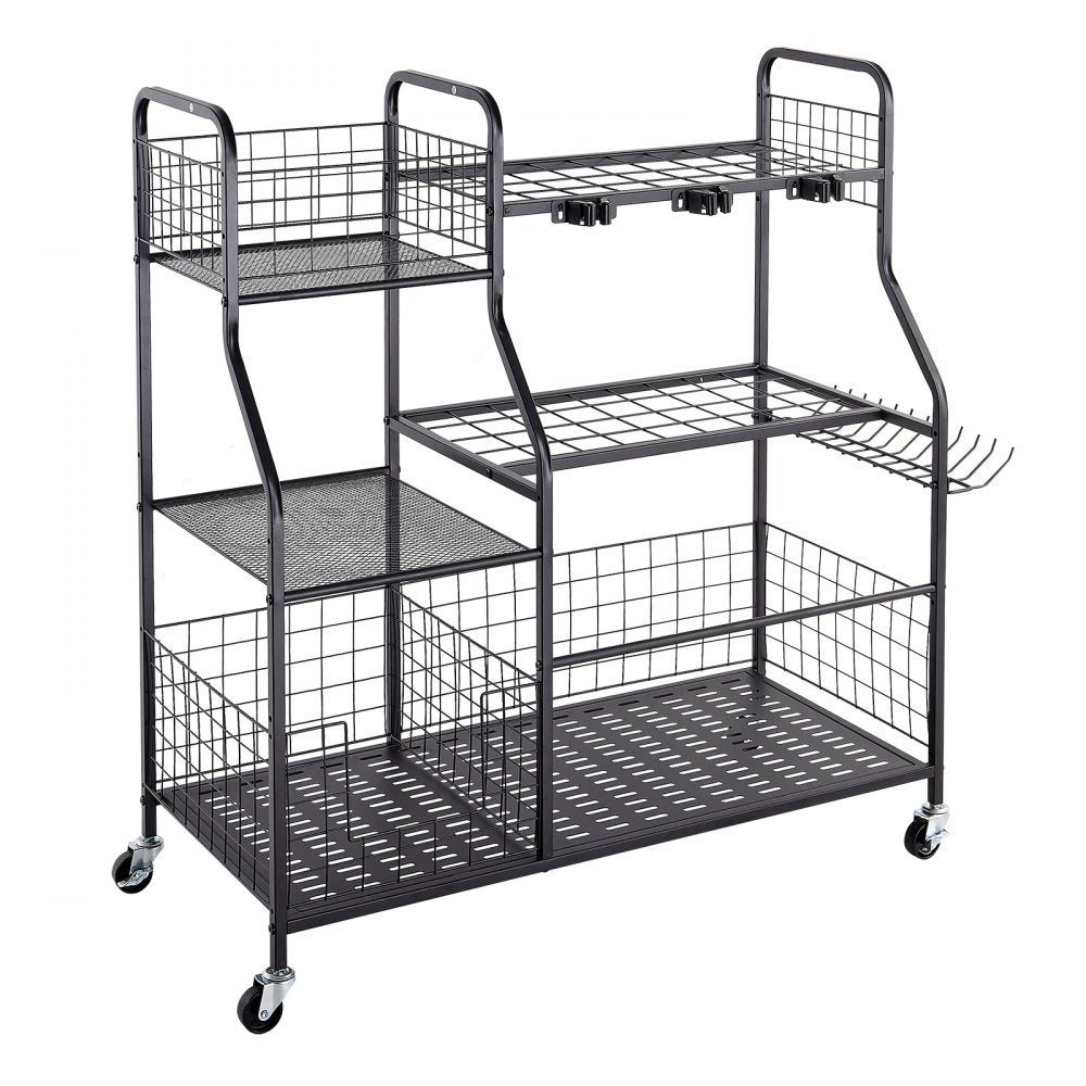 VEVOR Garden Tool Organizer with Wheels, Large Metal Garage Storage Rack, for Rakes/Shovels/Brooms, Yard Utility Tool Holder for Shed/Outdoor/Lawn Organization, Heavy-Duty Steel, with Hooks, Black