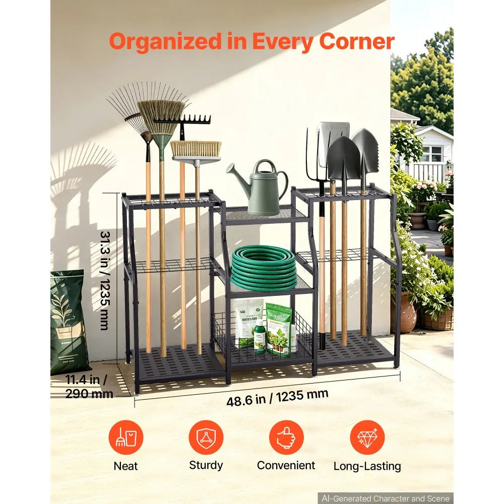 VEVOR Garden Tool Organizer, 3-Tier High-Capacity Metal Garage Storage Rack, for Rakes/Shovels/Brooms, Yard Utility Tool Holder for Shed/Outdoor/Lawn Organization, Heavy-Duty Steel, with Hooks, Black