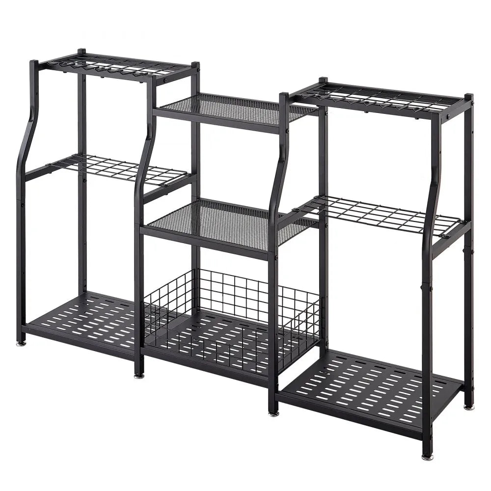 VEVOR Garden Tool Organizer, 3-Tier High-Capacity Metal Garage Storage Rack, for Rakes/Shovels/Brooms, Yard Utility Tool Holder for Shed/Outdoor/Lawn Organization, Heavy-Duty Steel, with Hooks, Black