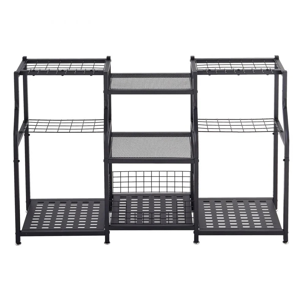 VEVOR Garden Tool Organizer, 3-Tier High-Capacity Metal Garage Storage Rack, for Rakes/Shovels/Brooms, Yard Utility Tool Holder for Shed/Outdoor/Lawn Organization, Heavy-Duty Steel, with Hooks, Black