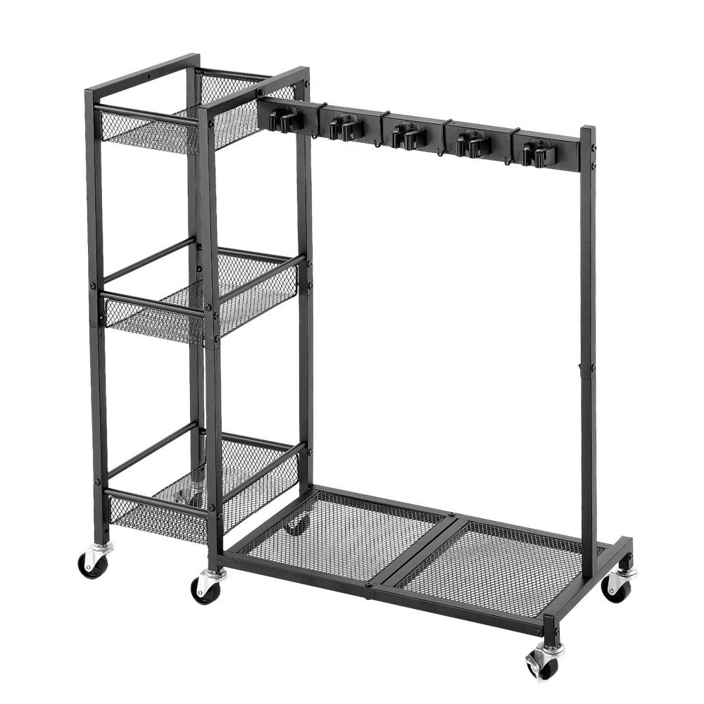 VEVOR Broom Holder with Cleaning Supplies Organizer, Garage Storage Metal, Cleaning Cart with Mop Hanger, for Home Brooms, Detergent, Brushes, Heavy-Duty Steel Utility Tool Holder, with Wheels, Black