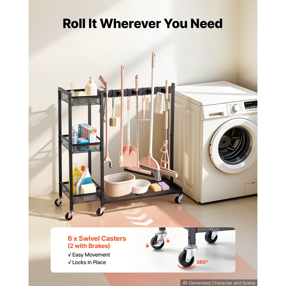 VEVOR Broom Holder with Cleaning Supplies Organizer, Garage Storage Metal, Cleaning Cart with Mop Hanger, for Home Brooms, Detergent, Brushes, Heavy-Duty Steel Utility Tool Holder, with Wheels, Black