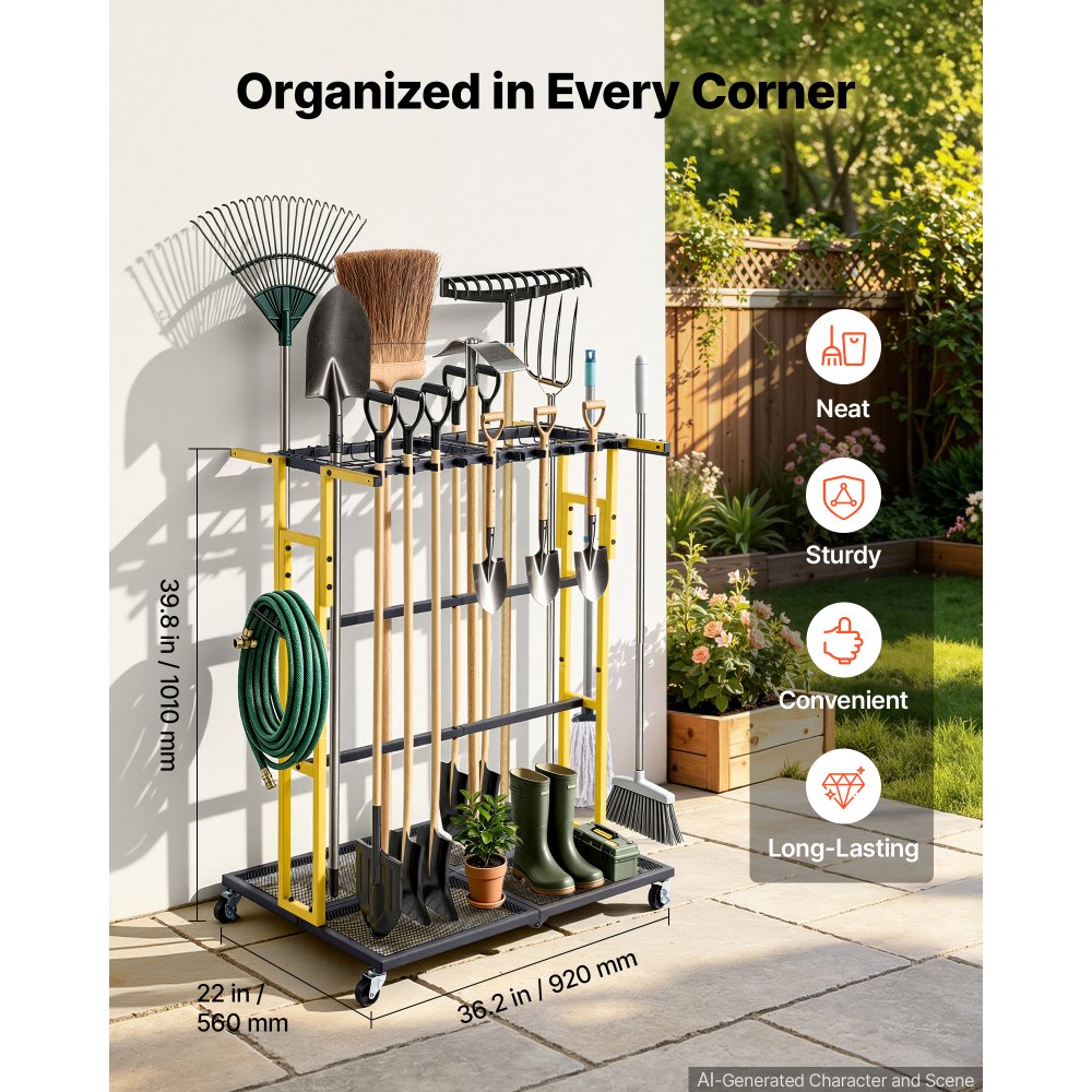 VEVOR Garden Tool Organizer with Wheels, Large Metal Garage Storage Rack, for Rakes/Shovels/Brooms/Long Farming Tools, Yard Utility Holder for Shed/Outdoor/Lawn Organization, Heavy-Duty Steel, Black
