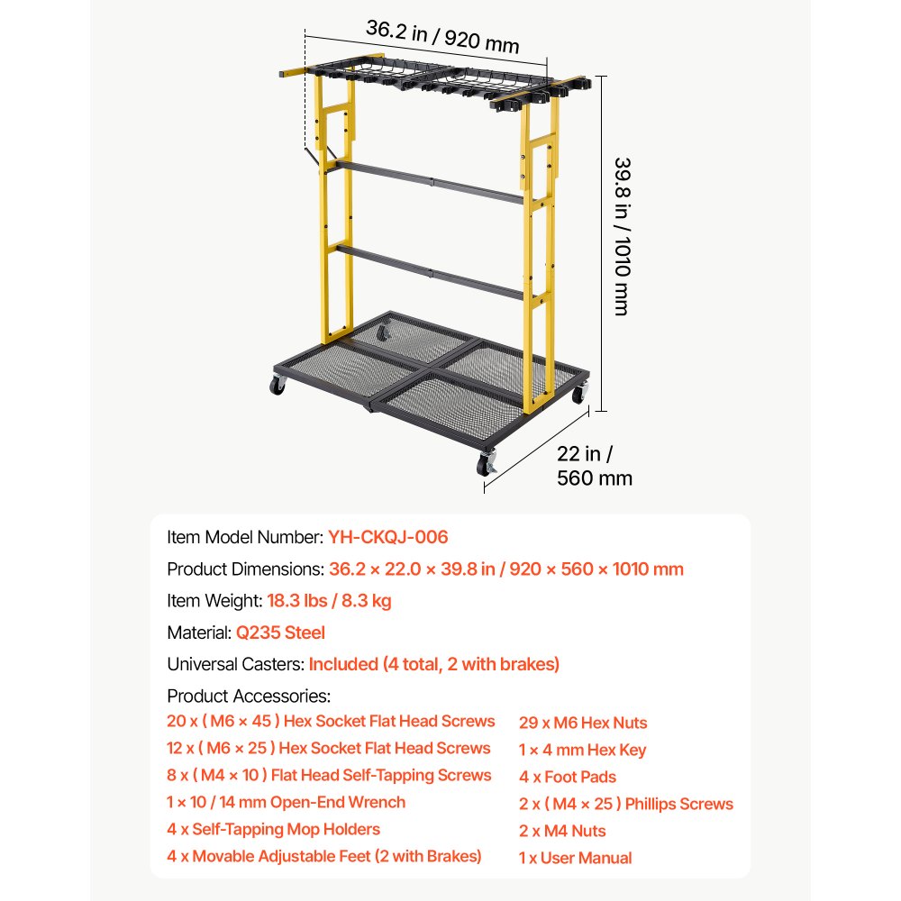 VEVOR Garden Tool Organizer with Wheels, Large Metal Garage Storage Rack, for Rakes/Shovels/Brooms/Long Farming Tools, Yard Utility Holder for Shed/Outdoor/Lawn Organization, Heavy-Duty Steel, Black