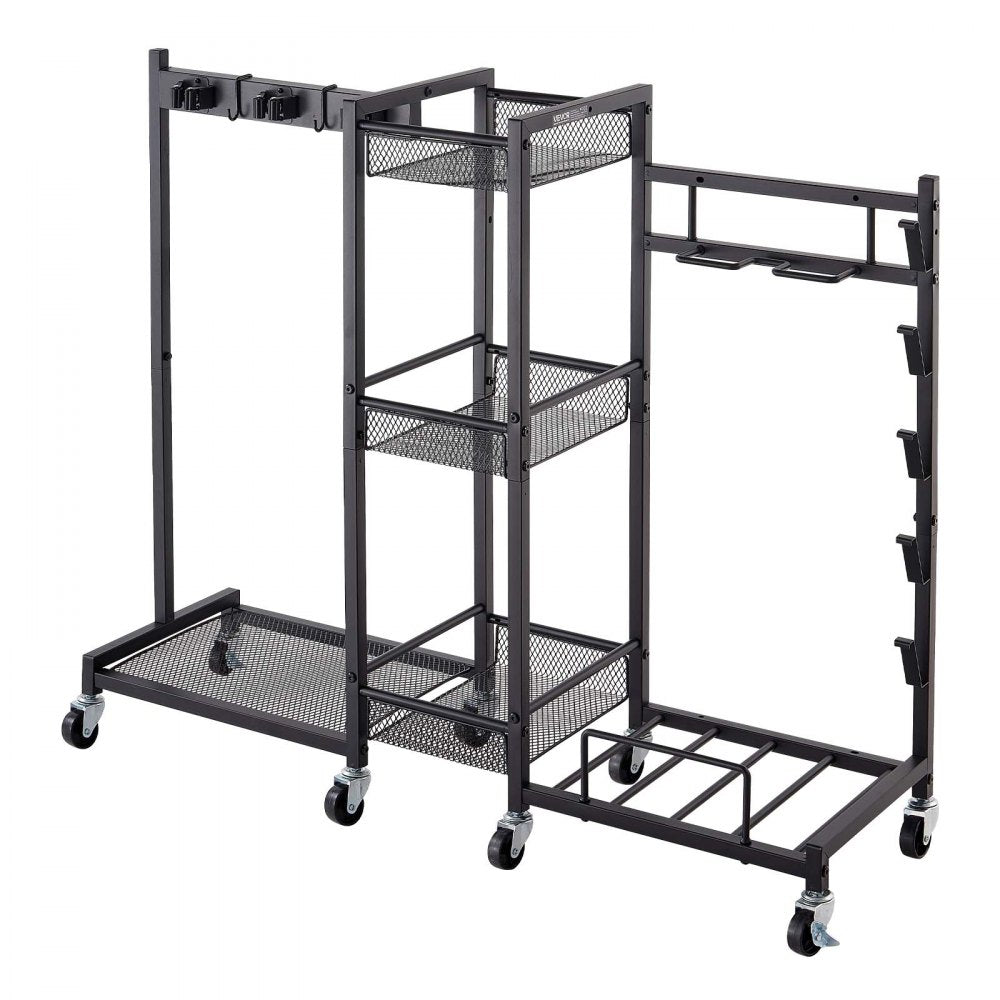 VEVOR Broom Holder with Cleaning Supplies Organizer, Metal Garage Storage, Cleaning Cart with Mop Hanger, for Home Broom, Detergent, Vacuum Cleaner, Heavy-Duty Steel Utility Holder, with Wheels, Black