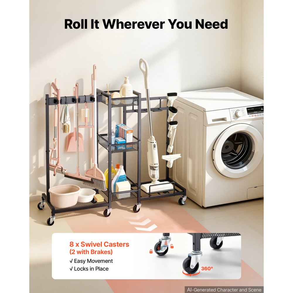 VEVOR Broom Holder with Cleaning Supplies Organizer, Metal Garage Storage, Cleaning Cart with Mop Hanger, for Home Broom, Detergent, Vacuum Cleaner, Heavy-Duty Steel Utility Holder, with Wheels, Black