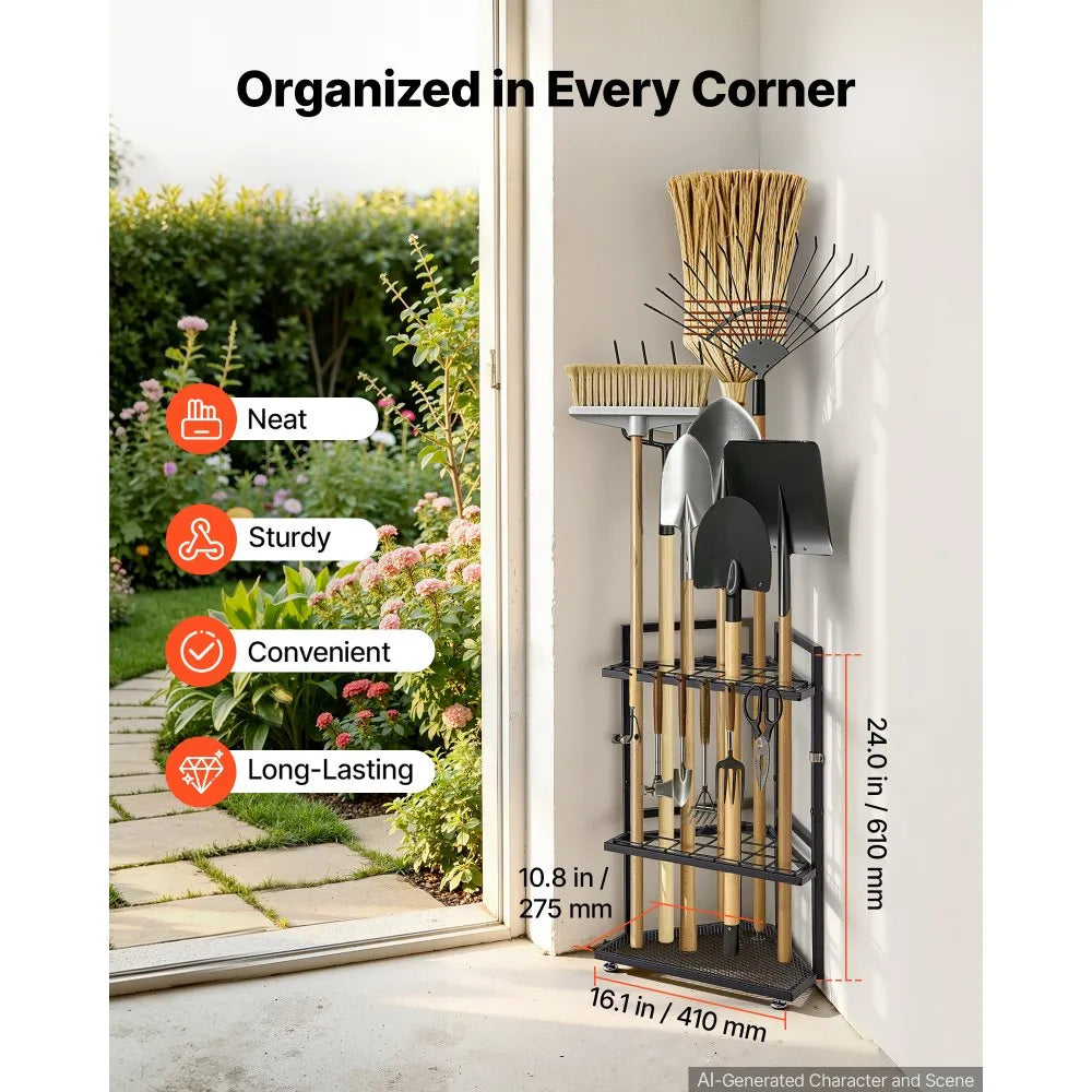 VEVOR Garden Tool Organizer for Corner, 17 Slots, Metal Garage Storage Rack, for Rakes/Shovels/Brooms, Yard Utility Tool Holder for Shed/Outdoor/Lawn Organization, Heavy-Duty Steel, with Hooks, Black